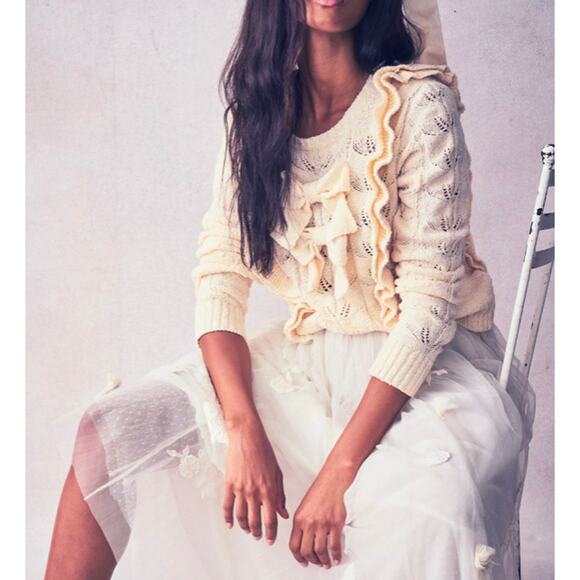 LOVESHACKFANCY Kennie Pullover Knit Sweater Ruffle Bow Cream M - Picture 1 of 11